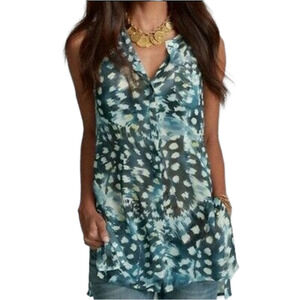 Cabi Love Avery Tunic Blouse Size S Sleeveless Semi Sheer Hues Printed Top Blue